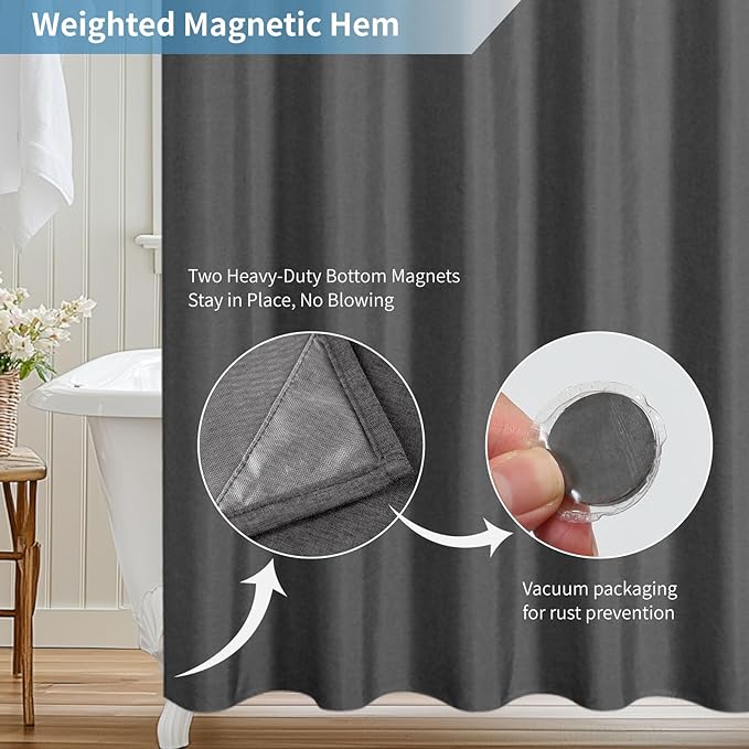 2-in-1 Waterproof Long Fabric Shower Curtain or Liner,Linen Textured,78 Inch Breathable TPU & Washable Bathroom Shower Curtain Set with 12 Plastic Hooks,Modern,72"x78" Charcoalgrey