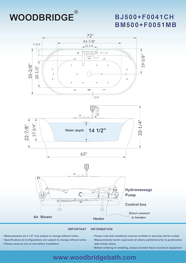WOODBRIDGE 72" x 35-3/8" Whirlpool and Air Bath Heated Soaking Combination Tub with Adjustable Speed Air Blower, Tub Filler, and LED control panel, Matte Black Finish Trim and Drain Kit, BM500+F0051MB