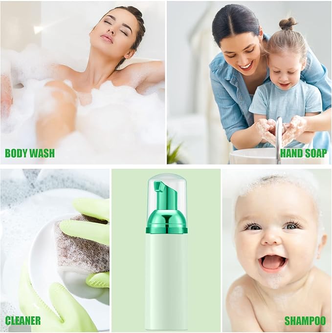 Lil Ray 2 Oz Empty Green Foam Pump Bottle, Travel Foamer Soap Dispenser for Lash Shampoo, Hand Soap, Foaming Cleaner(Green Pump, 12 PCS)