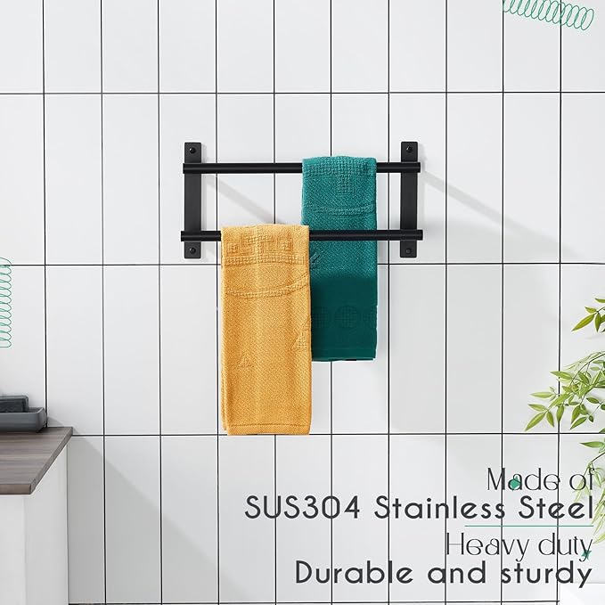 KOKOSIRI 16 Inch Double Towel Bar Bath Towel Racks Bathroom Towel Holder Towel Storage Towel Shelf Wall Mounted Stainless Steel Matte Black B5010BK-L16