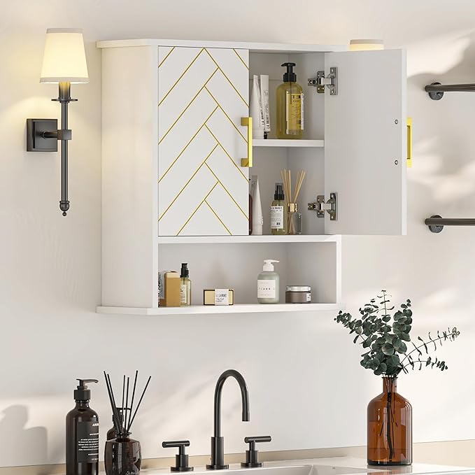 White Chevron Pattern Bathroom Wall Mount Cabinet, Stylish Hanging Medicine Cabinet with Open Shelf, Over The Toilet Storage for Bathroom Kitchen (23 5/8" x 22 7/8" x 15 3/4")