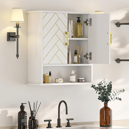 White Chevron Pattern Bathroom Wall Mount Cabinet, Stylish Hanging Medicine Cabinet with Open Shelf, Over The Toilet Storage for Bathroom Kitchen (23 5/8" x 22 7/8" x 15 3/4")