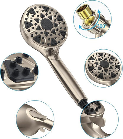 Shower Head With Handheld 7 Settings High Pressure, Built-in Power Wash to Clear Tub, Tile & Pets, 5" High Powerful Hand Held Rain Showerhead with Stainless Steel Hose and Adjustable Bracket (Nickel)