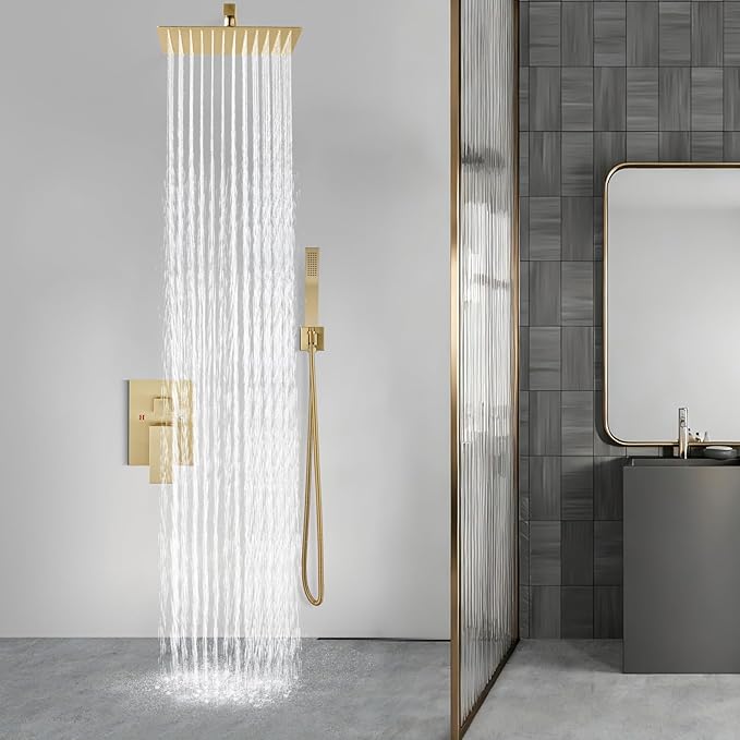 Aolemi Shower Faucet Set Rain Shower System with Handheld Spray Bathroom Shower Combo Rough-in Valve and Shower Trim Kit Included Brushed Gold 16 Inch Wall Mount Shower Head