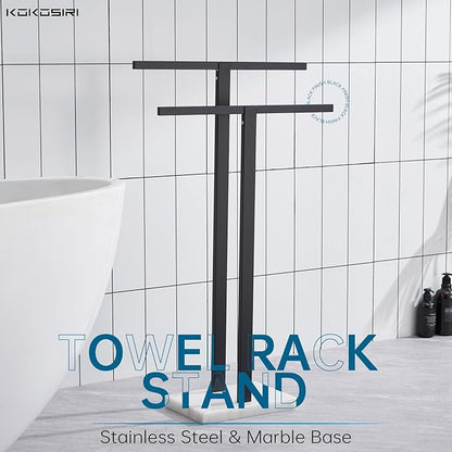 KOKOSIRI Bathroom Towel Rack 2-Tier Standing Towel Racks with Marble Base, Stainless Steel Freestanding Towel Bars, Thicken Steady Design, Matte Black THS0001-BK
