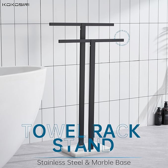 KOKOSIRI Bathroom Towel Racks 2-Tier Standing Towel Bars with Marble Base, Stainless Steel Freestanding Towels Holder, Thicken Steady Design, Matte Black THS0003-BK