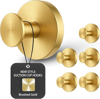 BKV Suction Cup Hooks for Glass Window,Removable Shower Hooks for Inside Shower,Metal Towel Hooks for Bathrooms,6 Pack(Gold)