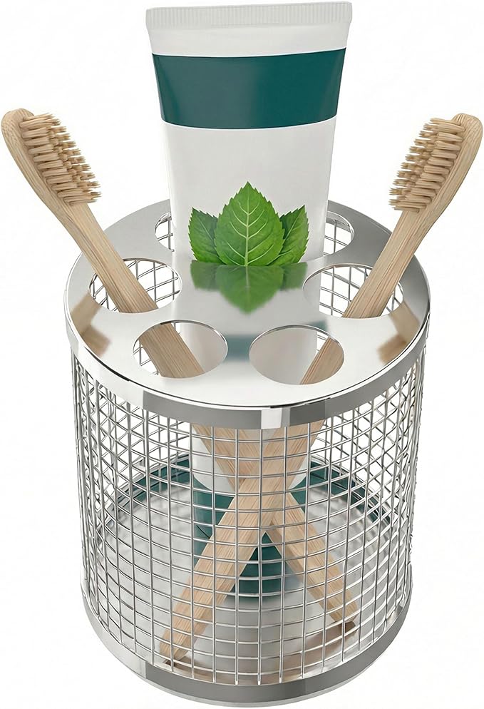 Toothbrush Holder Stand for Bathroom, 304 Stainless Steel Ventilated Organizer for Countertop with Slots for Manual Toothbrushes & Toothpaste, Family Size Tooth Brush Holder