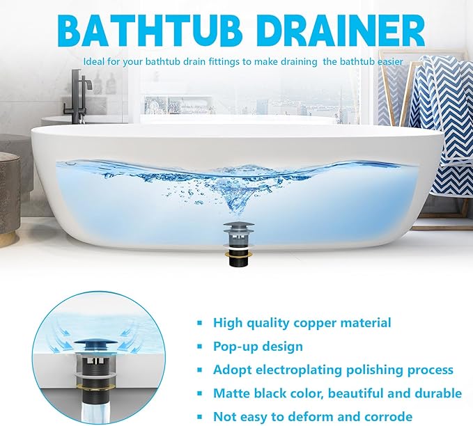 【Limited-time Promotion】 Pop Up Freestanding Tub Drain Plug, 2025 Upgraded freestanding tub Drain，Rust-Proof and Clog-Proof (for Most freestanding bathtubs) (Matte Black)