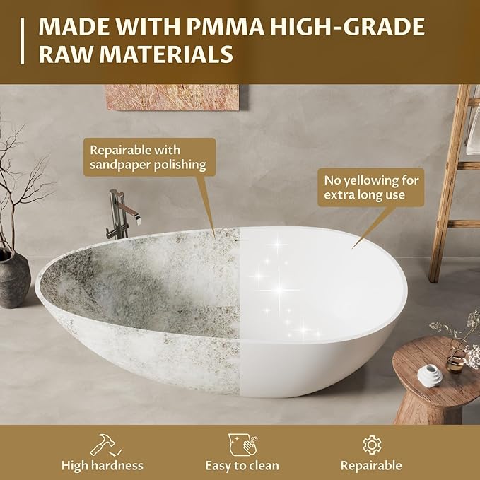67 in Solid Surface Freestanding Bathtub, Contemporary Oval Shape Soaking Tub, Egg Shell Stone Resin Stand Alone Bathtub With Pop-Up Drain and Overflow, Cupc Certified,Matte White