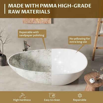 67" Resin Stone Freestanding Bathtub, Soaking Tub, Ergonomic Design, Easy Installation for Modern Spa Bathrooms, Matte White