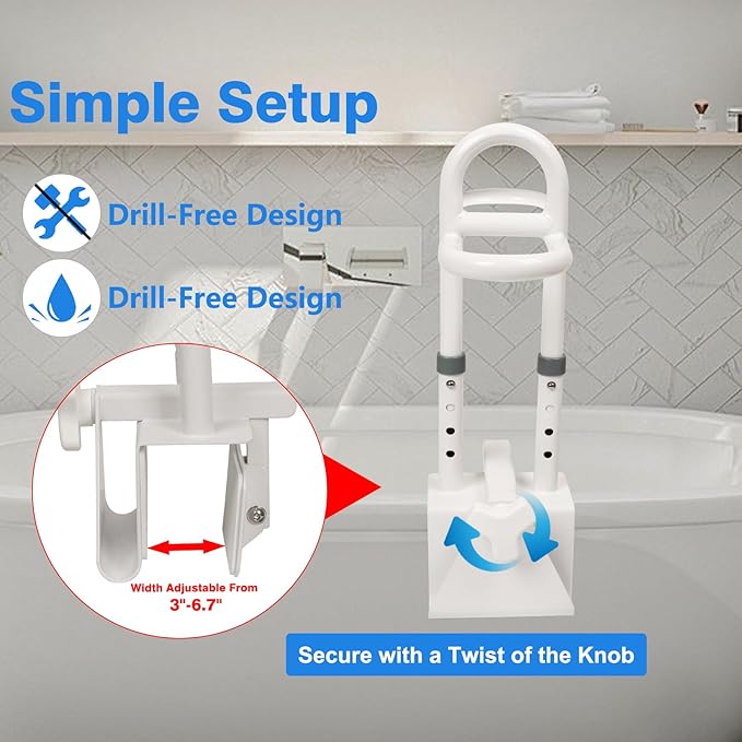 Adjustable Bathtub Safety Rail, Shower Grab Bars Handle with Non-Slip Handle for Seniors, Elderly, and Disabled, Fits 3"–6.7" Tub Walls, Supports 300 lbs, Bathroom Safety Bars