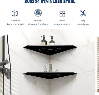 FerdY 2-Pack 10" Matte Black Recessed Corner Shower Shelf, for Tiled Bathroom Walls, Floating Shelf, 304 Stainless Steel Shower Caddy Storage Shelves, No Drilling Required, Rugby Diamond