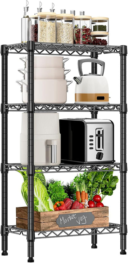1000 lbs 4 Tier Shelf Metal Storage Shelves Wire Rack Closet Organizers with PP Board for Garage Kitchen Bathroom Laundry Black 11.8" D x 21.7" W x 39.5" H