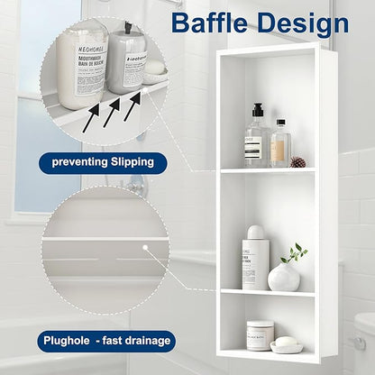 Neodrain 12X30 Inch White Three Layers Stainless Steel Shower Niche, NO Tile Needed Recessed Niche Shelf for Bathroom Storage, 3-Tier Recessed Built-in Wall Niche