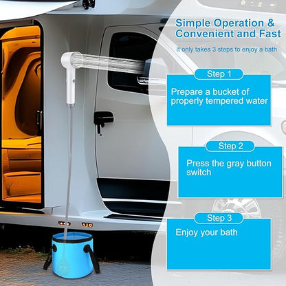 Portable Shower for Camping, Rechargeable Outdoor Shower Pump with Steady Stream, Battery Powered Handheld Shower, Pumps Water from Bucket with 1~2 hours runtime, Travel & Backpacking Essentials