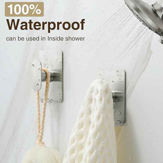 pickpiff Adhesive Towel Hooks for Bathroom: 20LB Extra Strong Wall Hanger for Shower Kitchen RV Dorm Apartment, Silver 2 Pack