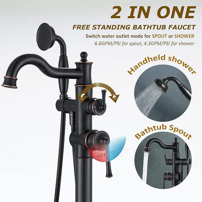 Freestanding Floor Mount Tub Filler with Handheld Shower Roman Bathtub Faucet by ORB Finish, Swivel Spout with Brass Rough-in and Water Hose