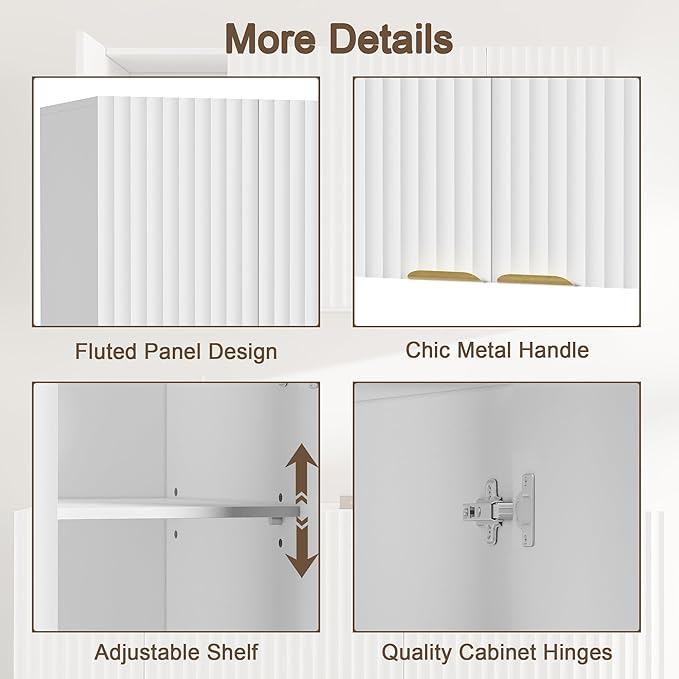 ChooChoo Bathroom Wall Cabinet, Kitchen Storage Cupboard Cabinet with 2 Doors, Fluted Laundry Room Cabinet for Bathroom, Kitchen, Garage, White