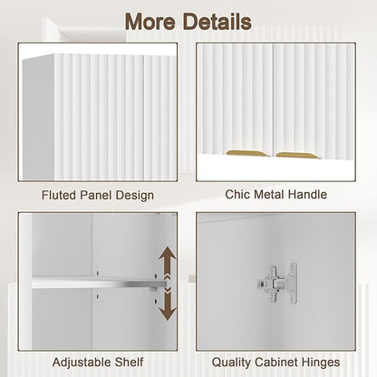 ChooChoo Bathroom Wall Cabinet, Kitchen Storage Cupboard Cabinet with 2 Doors, Fluted Laundry Room Cabinet for Bathroom, Kitchen, Garage, White