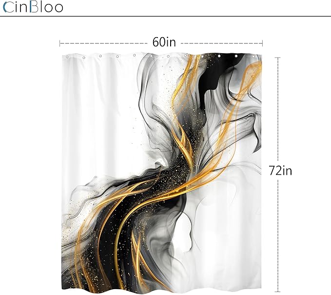 Cinbloo Black and Gold 60Wx72H Shower Curtain Abstract Modern Ombre Grey Golden Marble Minimalist Ink Texture Bathroom Curtain Set Elegant Chic Luxury Men Neutral Bath Bathroom Accessories Decor