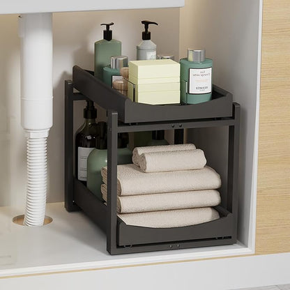 Bamboo Under Sink Organizer Adjustable Height 2 Tier Bathroom Organizer Pull Out Cabinet Storage Kitchen Heave Duty Wood Slide Ou Shelf for Kitchen Bathroom (Black, 1 Pack)