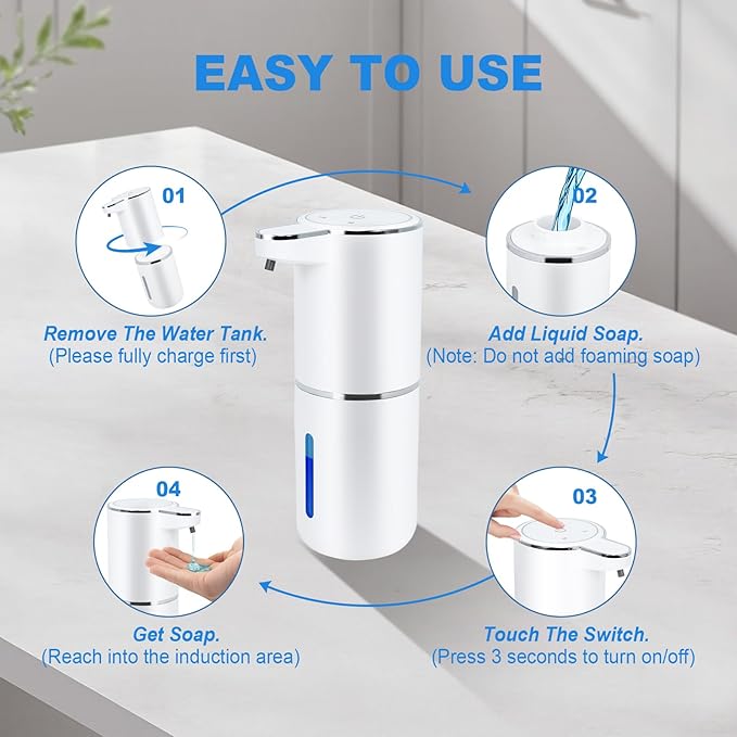 Automatic Soap Dispenser Touchless - Liquid Hand Soap Dispenser for Bathroom, Adjustable Volume for Thick & Thin Liquid, USB Rechargeable Electric Hands Free Dish Soap Gel Dispenser for Kitchen