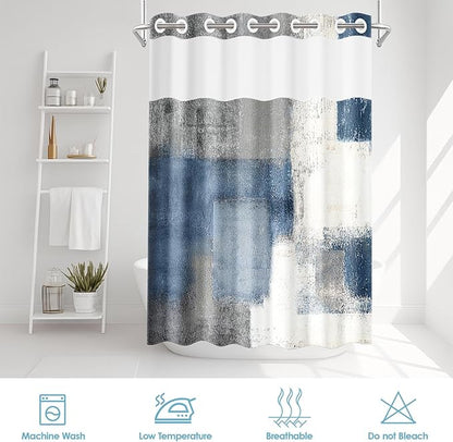No Hook Blue Grey Painting Shower Curtain with Snap in Fabric Liner Set, Gray Abstract Double Layers Waterproof Fabric with See Through Top Window Open Grommet Bath Curtain 71x74 Inch