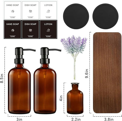 KEYWING Kitchen Soap Dispenser Set with Wood Tray, 16oz Amber Glass Soap Dispensers with Stainless Steel Pumps, Hand and Dish Soap Dispenser Set for Kitchen, Soap and Lotion Dispenser Set for Bathroom