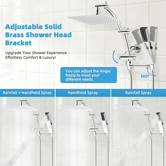 Hibbent All Metal CUPC Certified 8'' Rainfall Shower Head, Dual Shower Head Combo with 4 Handheld Sprays, High Pressure Shower Wand, 16'' Adjustable Extension Arm, 71'' Hose, Shower Holder, Chrome