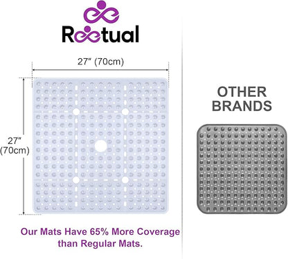 Reetual XL Shower Mat Non Slip - 27x27 Bath Mat for Shower Stall or Large Bathtub Mat with 240 Powerful Suction Cups and Drain Holes. Black Shower Mats for Bathroom (Clear Mat)