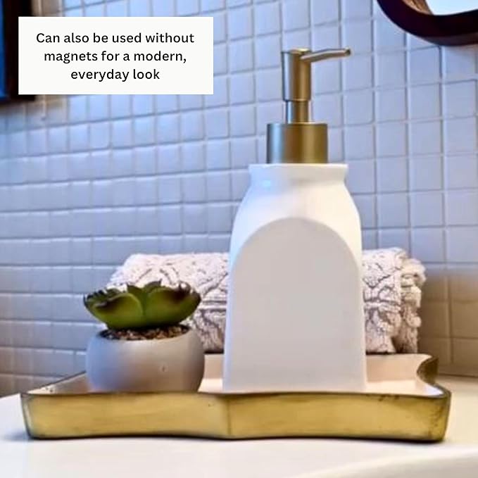 SKL Home Seasonal Soap/Lotion Dispenser Gift Set with 7 Interchangeable Magnetic Holiday Attachments, Refillable for Bathroom & Kitchen, Gold