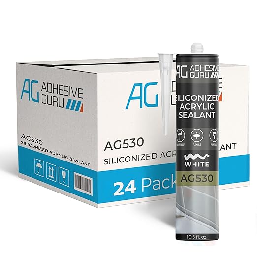 Adhesive Guru AG530 Siliconized Acrylic Sealant (24x10.5 fl oz), Waterproof Paintable Caulk for Bathtubs, Windows, Showers, Indoor Outdoor Caulking Weatherproof, White - 24 Pack