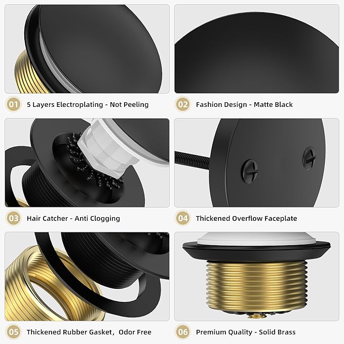 Matte Black Tub Drain Kit with Hair Catcher, Premium Brass Mushroom Tip-Toe Bathroom Tub Drain Replacement and 2-Hole Overflow Faceplate, 11.5/16 UNC Bathtub Drain Stopper Assembly