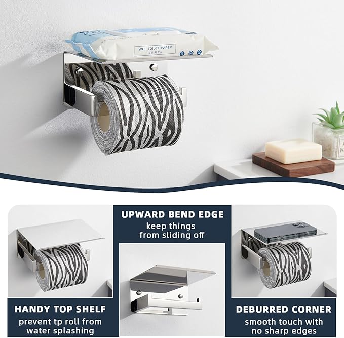 Angle Simple Toilet Paper Holder with Shelf Polished Chrome, 304 Stainless Steel Toilet Tissue Roll Holder Wall Mount