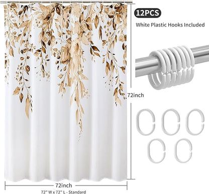 Colorful Star Brown Eucalyptus Waterproof Shower Curtain Set with Hooks, Minimalist Watercolor Floral Print Bathroom Décor, Plant Leaves Washable Fabric Shower Curtain, 72 x 72 Inch