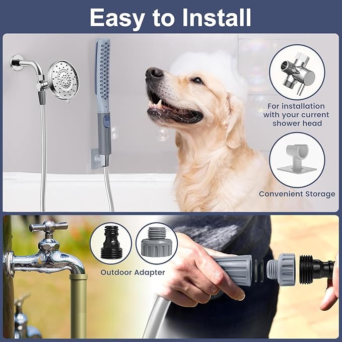 Dog Shower Attachment, Dog Shower With Metal Diverter, Pet Shower Attachment for Fast and Easy Dog Bathing, 3 Spray Modes One-Button Switch 8-Foot Hose For Indoor and Outdoor