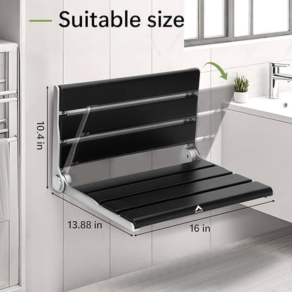 Wall Mounted Shower Seat - 16IN Teak Fold Down Shower Seat for Elderly, Disabled & Pregnant Women - Sturdy Shower Benches for Inside Shower with 400LB Capacity- 2025 Premium Black Shower Bench