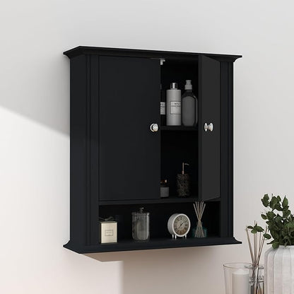 Bathroom Cabinet Wall Mounted| Over The Toilet Storage Cabinet with 2 Doors & Adjustable Shelf, Hanging Wall Cabinet, Upper Cabinet Storage Cupboard for Bathroom,Kitchen,Laundry Room, Black