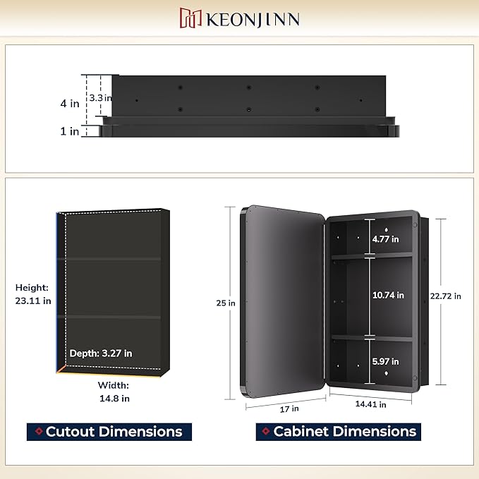 Keonjinn Brushed Nickel Medicine Cabinet for Bathroom, 16 x 24 Inch Medicine Cabinet with Mirror, Silver Stainless Steel Framed, Adjustable Shelves, Recessed or Wall Mount, Sturdy, Rounded Rectangle