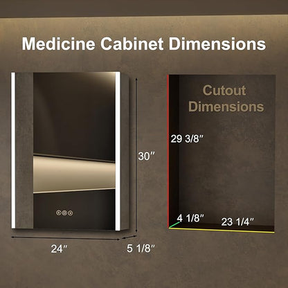Medicine Cabinet with LED Lights and Mirror, 24 x 30 Inch Surface or Recessed Mounted Bathroom Cabinets with Door, Defogger, Memory Function, 3-Color Mode, Outlet&USB, Dimmer, Storage Shelf