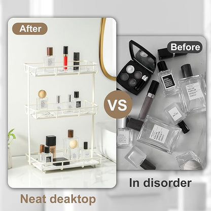Bathroom Organizer Countertop Perfume Organizer Makeup Organizer Cosmetics Storage Display Rack Vanity Tray Dresser Stainless Steel Gold Shelf White Marble Ceramic Tray