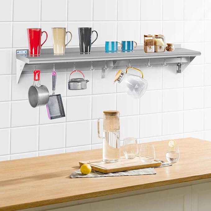 Hally Stainless Steel Shelf with 8 Hooks 14" x 60" Wall Mounted Pot Rack 400lb, NSF Commercial Floating Shelving for Storage Hanging Pots, Pans, cookware in Restaurant, Kitchen, Home and Hotel