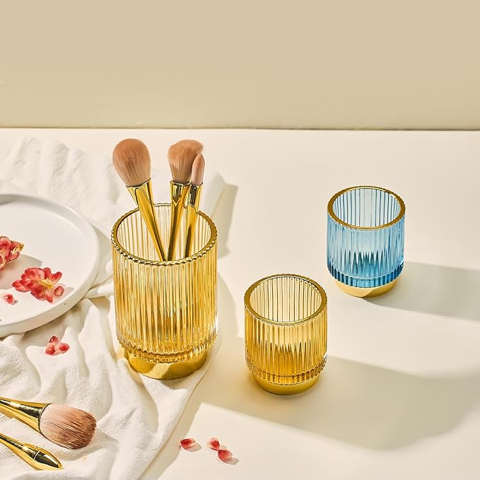 Makeup Brush Organizer, Toothbrush Holder, Desk Pen Pencil Holder, Multifunctional Vintage Glass Brush Cup (S/Blue/A3-13-US)