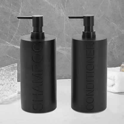 2-Pack Matte Black Resin Refillable Shampoo & Conditioner Bottles – Modern Bathroom Pump Dispenser Set, Durable Resin Shower Containers with Embossed Labels, Reusable Pump Bottle