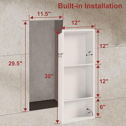 Shower Niche,12 * 30 Stainless Steel Elegant Bathroom Niche, No Tile Needed Recessed Shower Shelf Organizer for Storage,Warm White