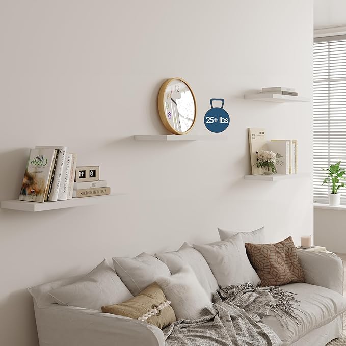 Wall Shelf Set of 3, White Floating Shelves 30 in W x 10 in D x 1 in H, Wooden Floating Wall Shelf with Invisible Brackets for Living Room/Bedroom/Bathroom/Kitchen Storage and Decor
