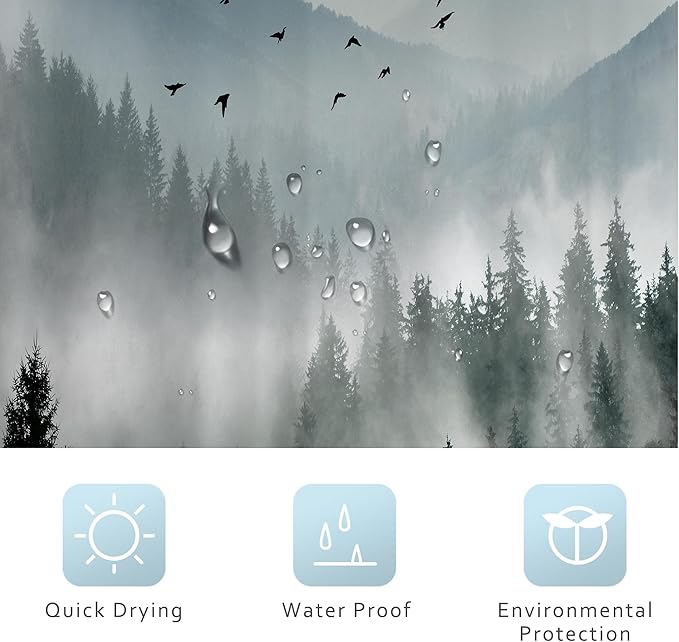 Riyidecor Small Stall Mountain Shower Curtain 36Wx72H Inch Green Rv Single Rustic Foggy Misty Nature Pine Tree Scenery Woodland Mens Bathroom Decor Fabric Polyester Waterproof 7 Pack Hooks