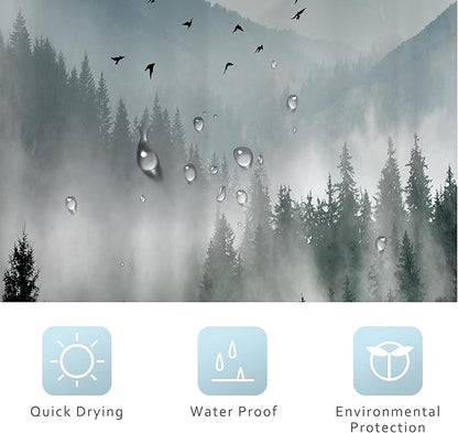 Riyidecor Small Stall Mountain Shower Curtain 36Wx72H Inch Green Rv Single Rustic Foggy Misty Nature Pine Tree Scenery Woodland Mens Bathroom Decor Fabric Polyester Waterproof 7 Pack Hooks