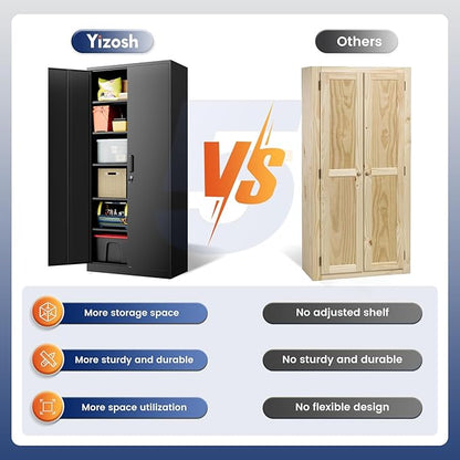Yizosh Metal Storage Cabinet with Lock - 72" Garage Storage Cabinet with 2 Locking Doors and 5 Adjustable Shelves, Black Steel Lockable for Office,Home,Garage